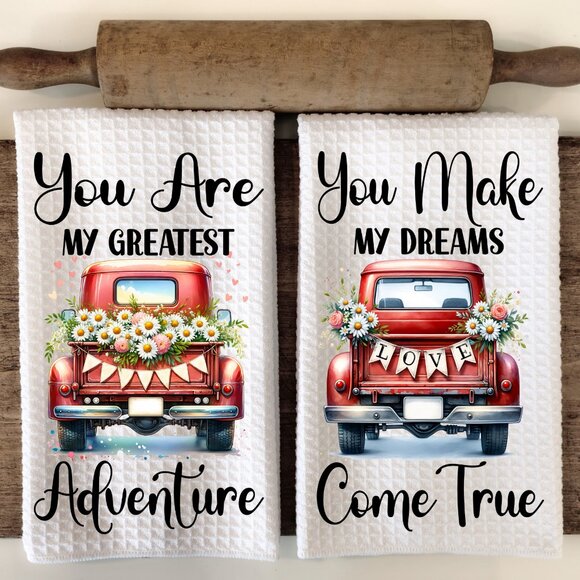 Red Truck Kitchen Towel Set, Floral Dish Towels, Couples Towel Set - Picture 1 of 10